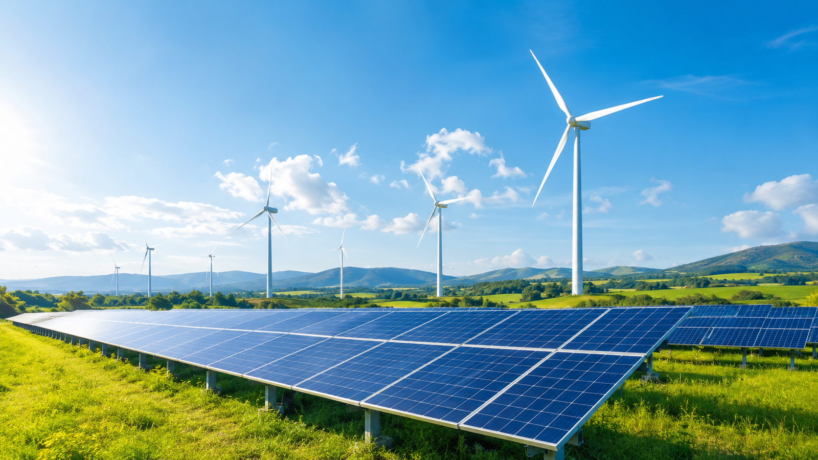 Renewable energy field with solar panels and wind turbines